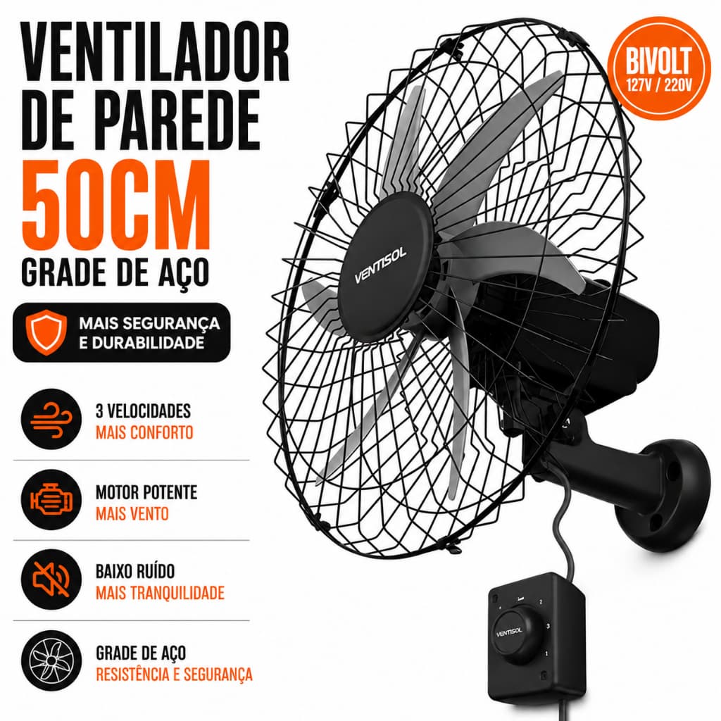 Ventilador De Parede Comércio Escola Academia Galpão Grade em Aço 50cm Bivolt C/ 6 Pás Instala Fácil