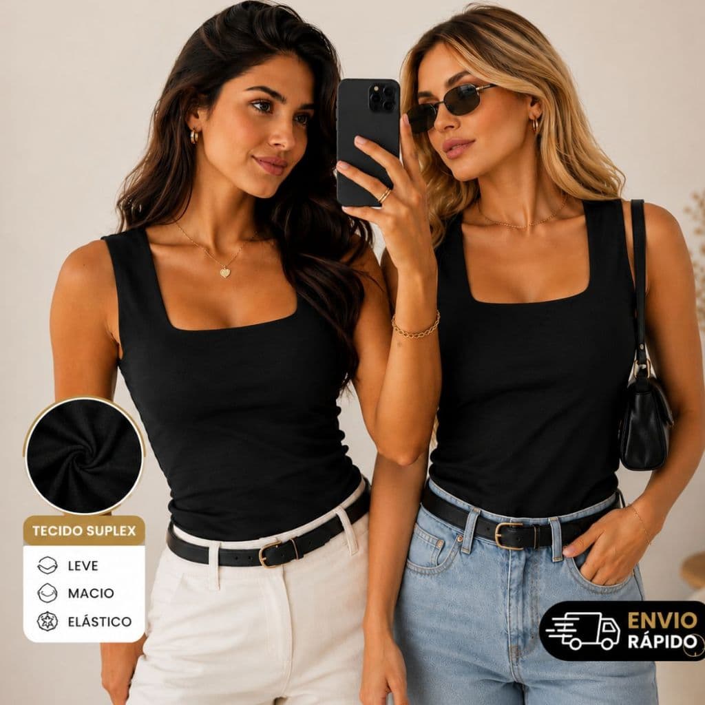 Blusa Regata Decote Quadrado Básica Feminina Moda feminina Blusinha Blogueirinha Regatinha