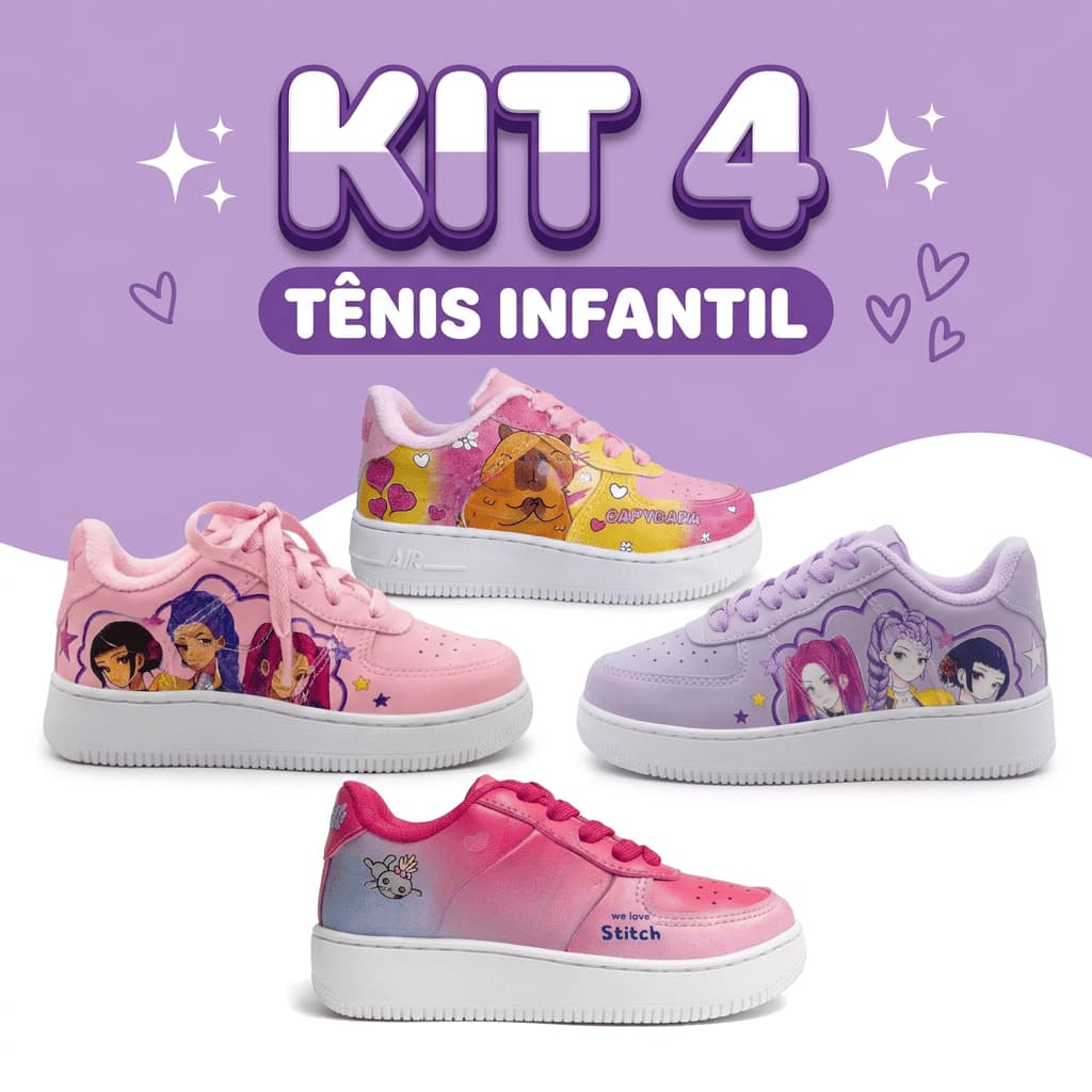 Kit 4 Tênis Infantil Menina Moda Escolar Macio Promoção