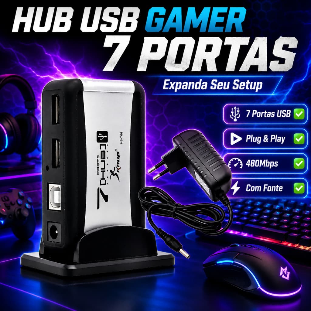 Hub USB 7 Portas Para Gamer KNUP Com Fonte Extensor USB Para Controle Headset Teclado RGB