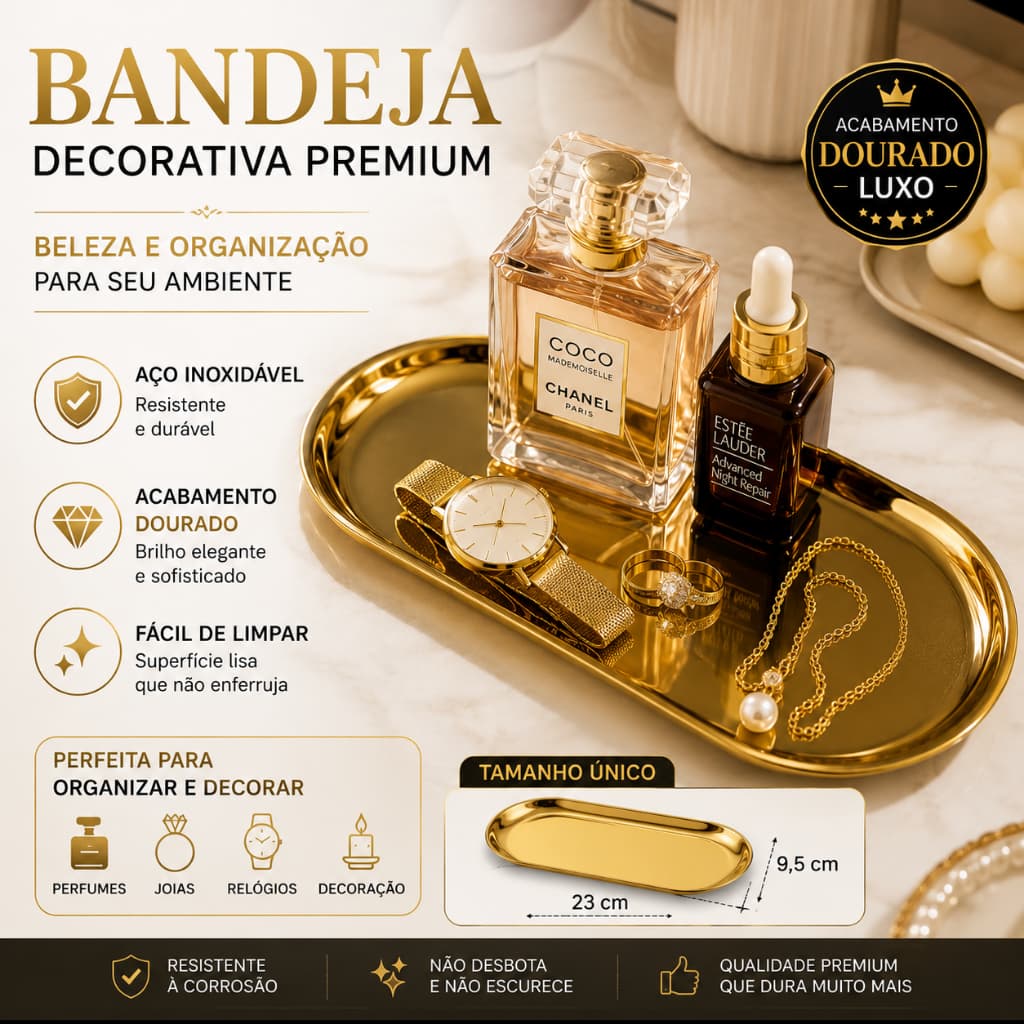 Bandeja Aco Inoxidavel Luxo Decorativa para Jóias Alimentos Dourado