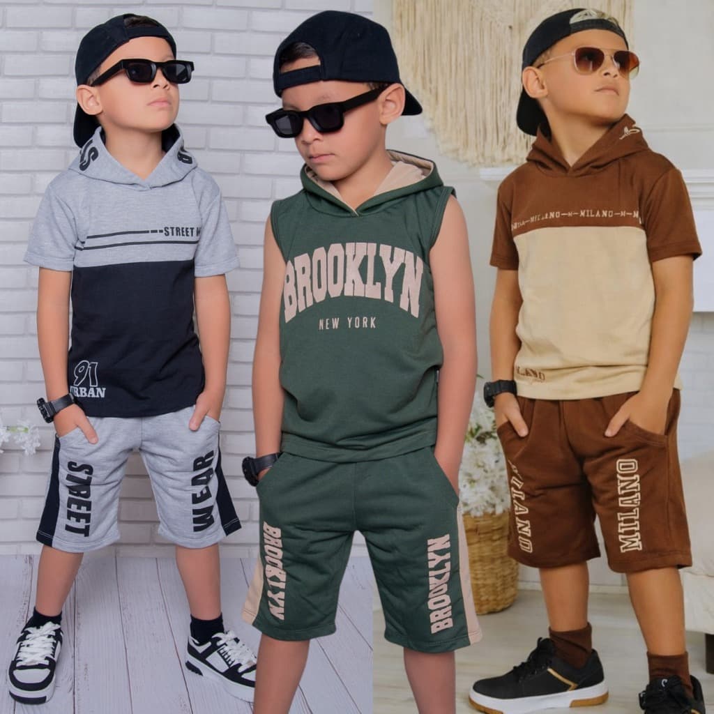 Roupa De Menino Kit 2 Peças Lançamento Verão Estiloso Camisa e Bermuda Veste Do 2 Ao 14 Anos
