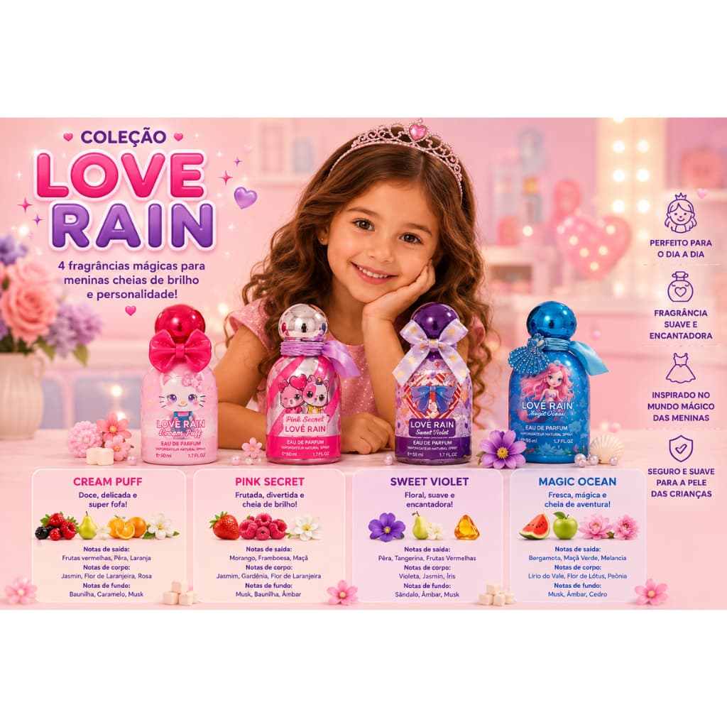 Perfume Infantil Love Rain 50ml | Coleção Completa c 4 Fragrâncias, Longa Duração, Aroma Delicado e Presente Perfeito