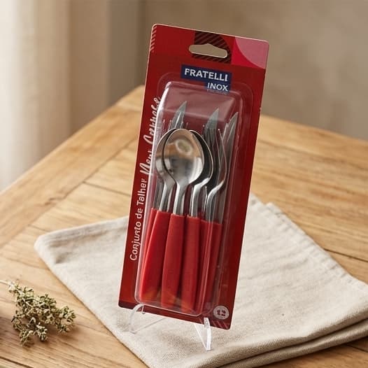 Kit Conjunto Talheres Inox Duravel Facil Limpeza 12 Pecas Design Moderno Vermelho Cozinha Enxoval