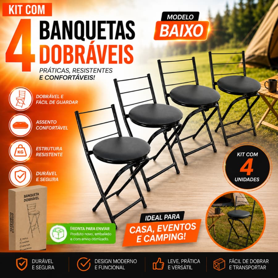 Kit com 4 Banquetas Baixas 3 Arames Dobrável Banco Cozinha Bancada Casa