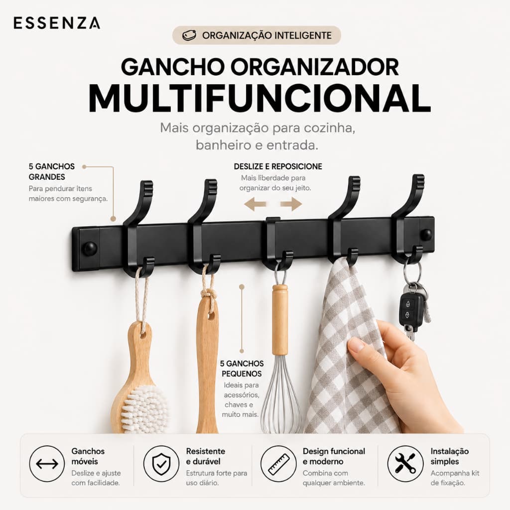 Cabideiro Gancho de Parede ESSENZA Organizador Sem Furo Suporte Adesivo Banheiro Quarto Porta Toalha Roupa