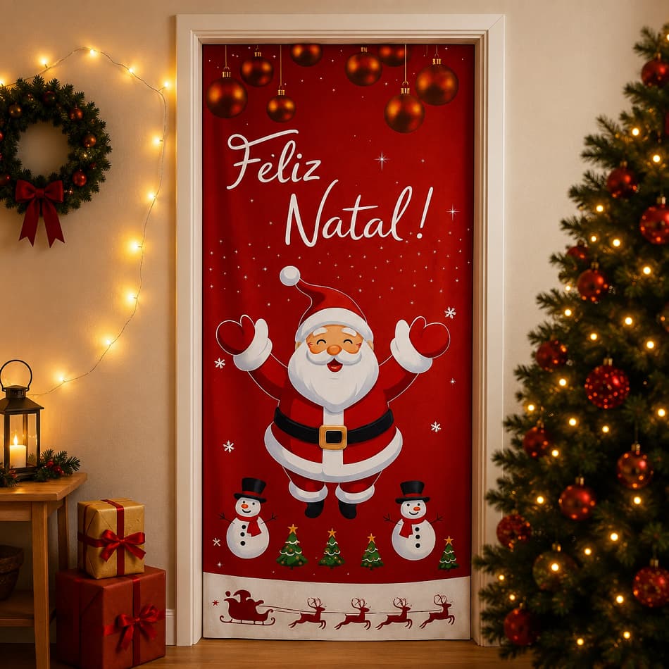 Capa De Porta Para O Natal 2,10 X 0,85 Decoração De Natal Tema Natalino Feliz Natal e Lisa