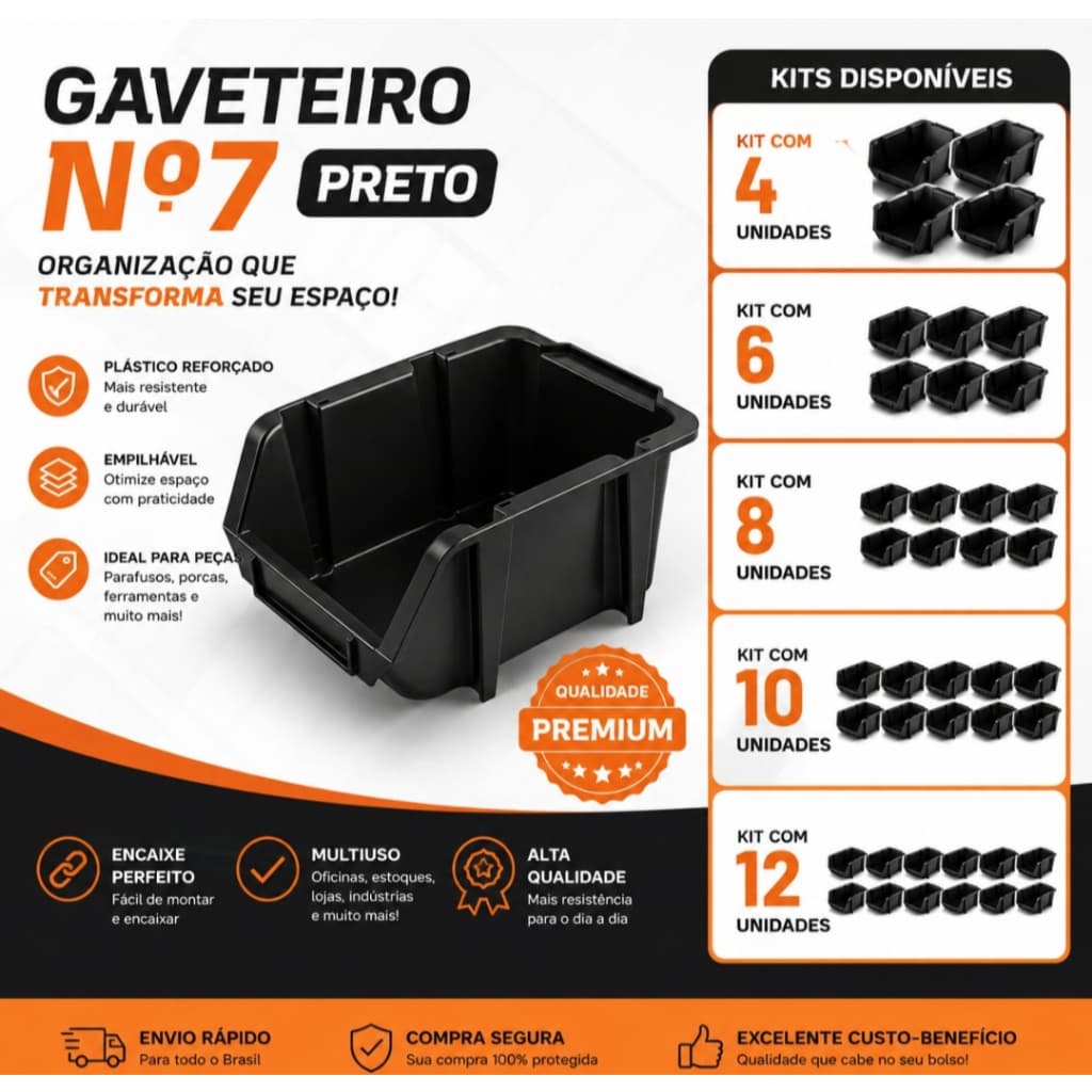 Kit 10 Caixas Bin N° 7 Gaveta Gaveteiro Organizadora Plástica Parafusos Preta preto