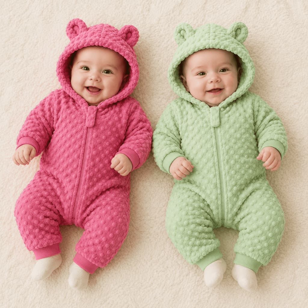 Kit 2 Macacões Bebê Fleece Bolha com Capuz e Orelhinhas 100% Poliéster