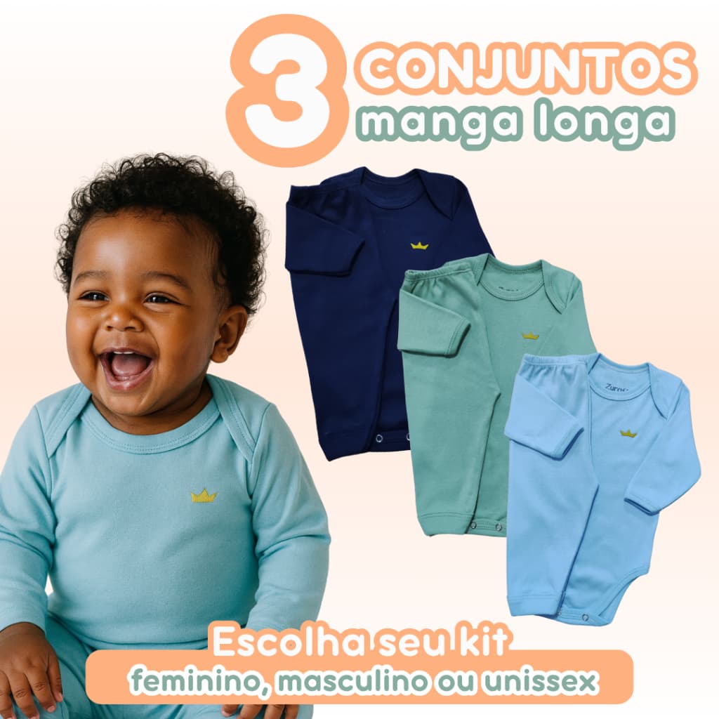 Kit 3 Conjuntos Bebê Body e Calça 100% Algodão Manga Longa Meia Estação Feminino Masculino Unissex 6 Peças Zuraffa Baby