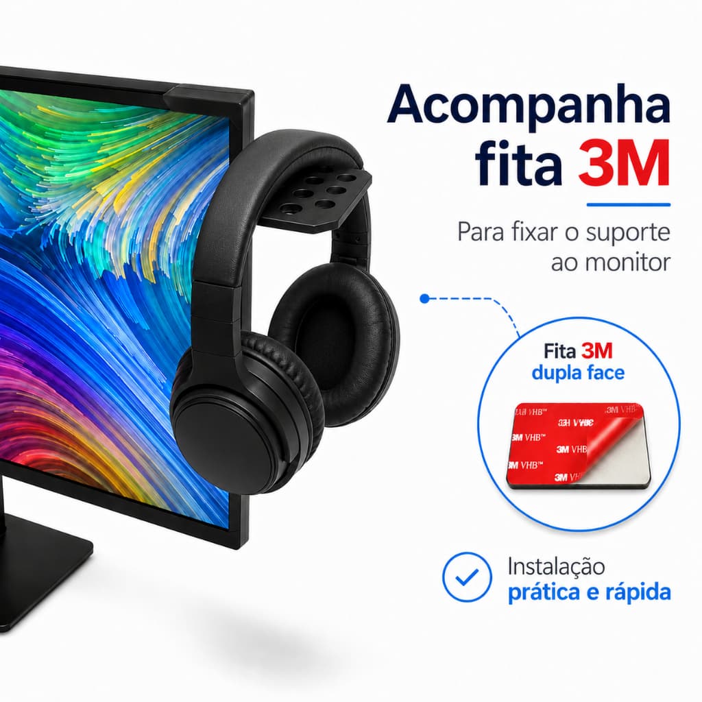 Suporte Para Colocar Headset Fones de Ouvido no Monitor Prático Fita 3M Escolha um Lado