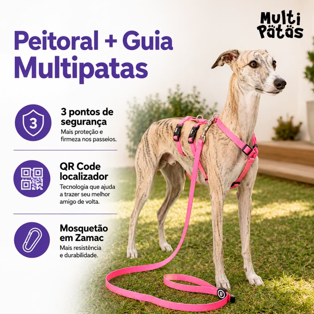 Peitoral Cachorro Com Guia Qr Code Localizador Multipatas Ajustável Rosa