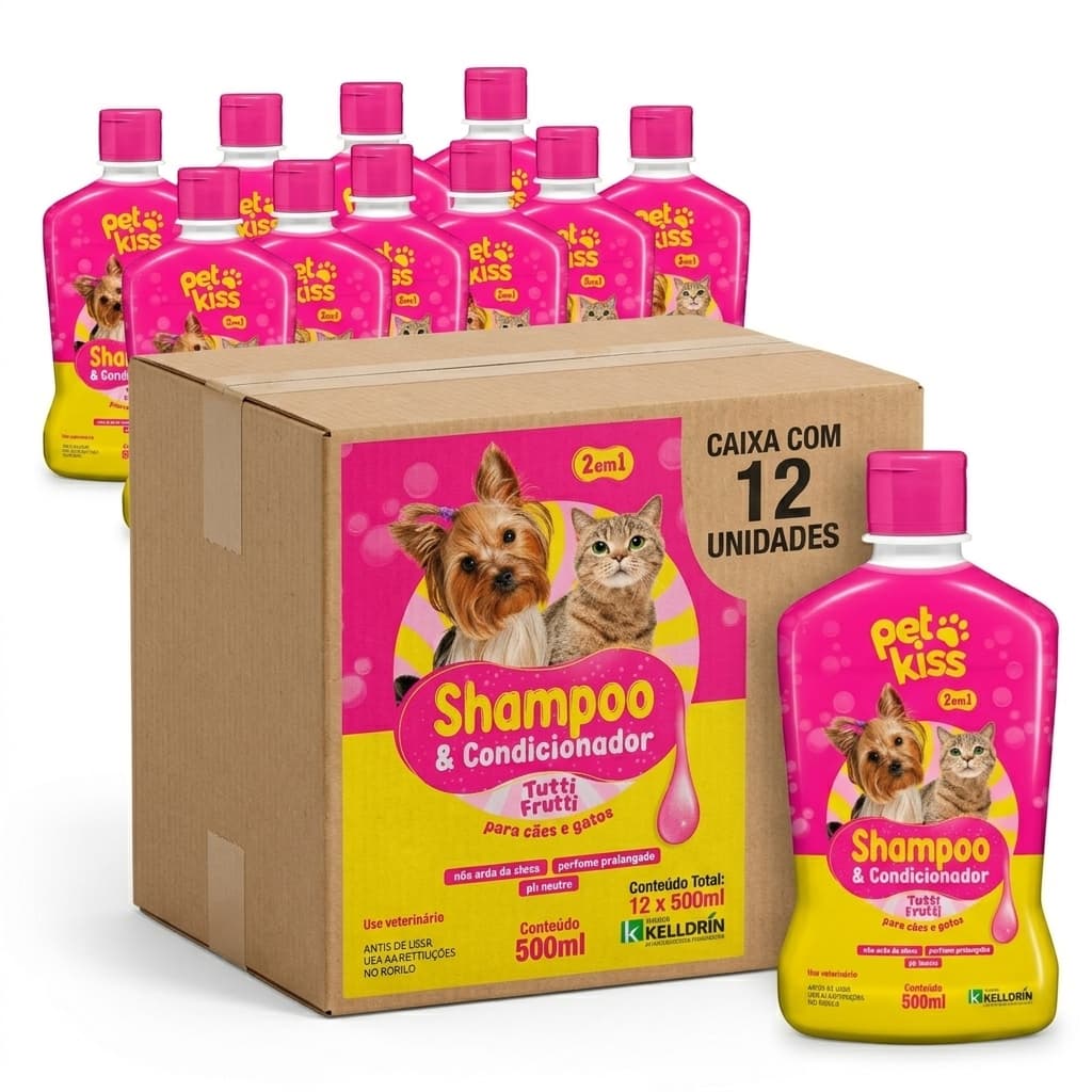 Caixa 12un Shampoo Condicionador Pet Kiss Tutti Frutti 500ml Kelldrin Atacado Pet Shop