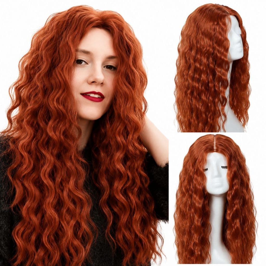 Peruca Ruiva Orgânica Lace Cabelo Longo Cacheado