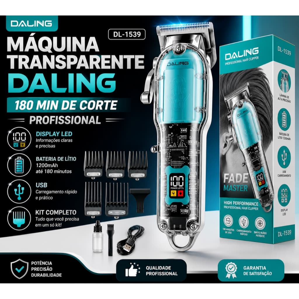 Máquina de Corte Profissional Daling DL-1539 Transparente Sem Fio Display LED e Bateria de Lítio