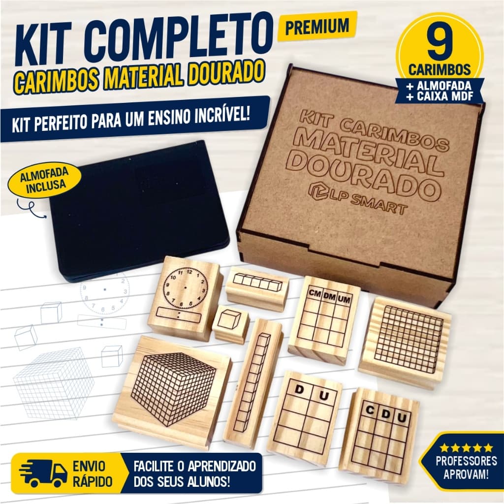 Kit Material Dourado Carimbos Pedagógicos Professor | Escolar Infantil com Caixa MDF