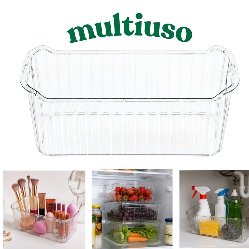 Organizador Multiuso Transparente 25x9cm Plástico Resistente para Geladeira Armário Banheiro Cozinha