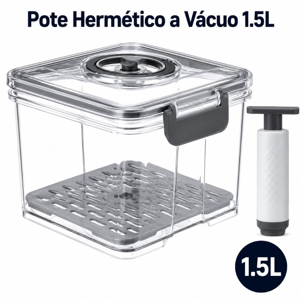 Pote Hermético a Vácuo 1,5L com Bomba Manual | Vedação Hermética | Porta Mantimentos | Conserva Alimentos por Mais Tempo