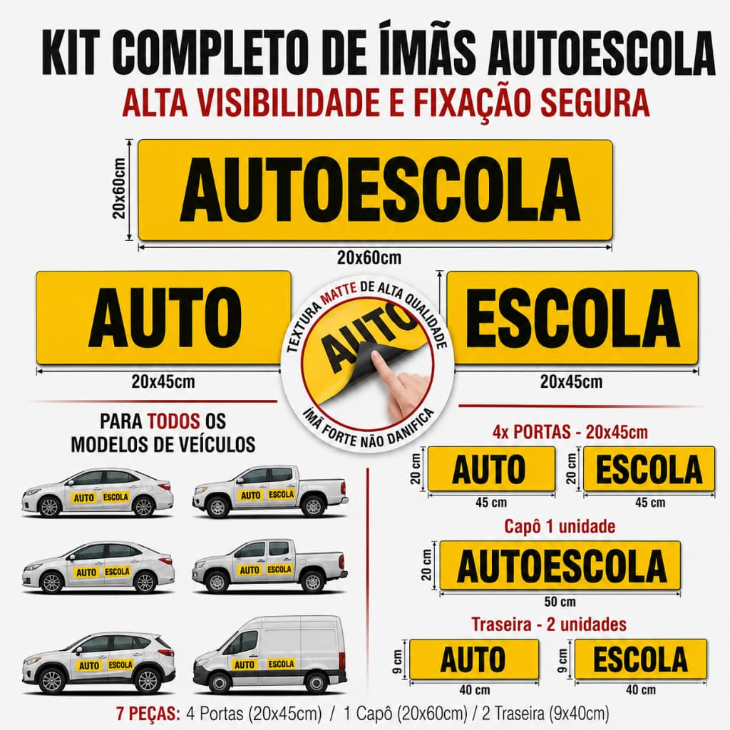 Kit Adesivo Imantado Auto Escola 7 Peças Imã P/ Carro Porta Capô Traseira Alta Fixação Premium