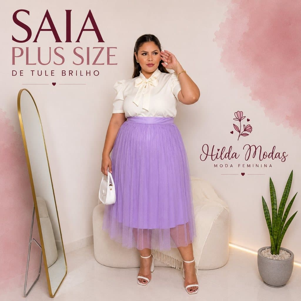 Saia PLUS SIZE G1, G2, G3, G4 Tule Cristal Midi Brilho Glitter forrada Moda evangélica Fardamento Festividade Congresso
