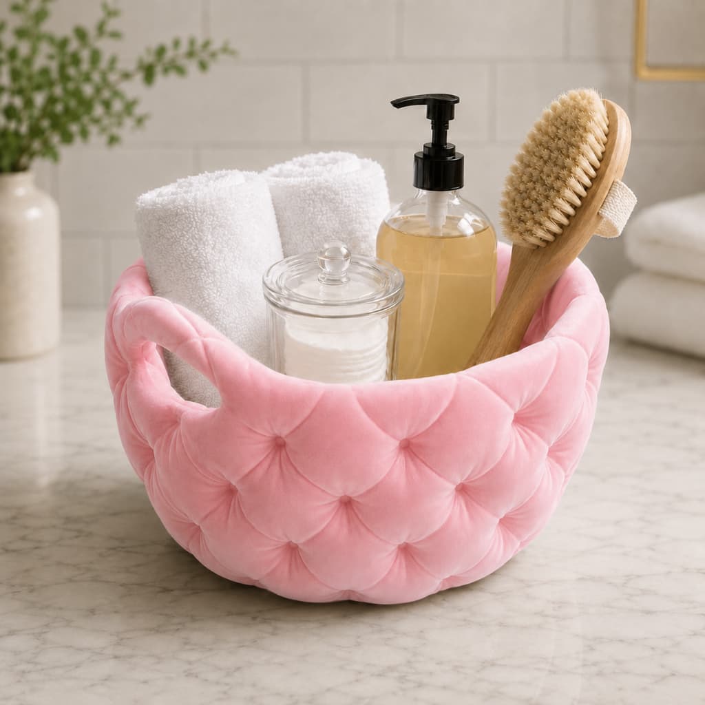 Cesta Organizadora Multiuso Decorativa Banheiro Lavabo Maquiagem Toalhas Quarto Rosa Branco Preto