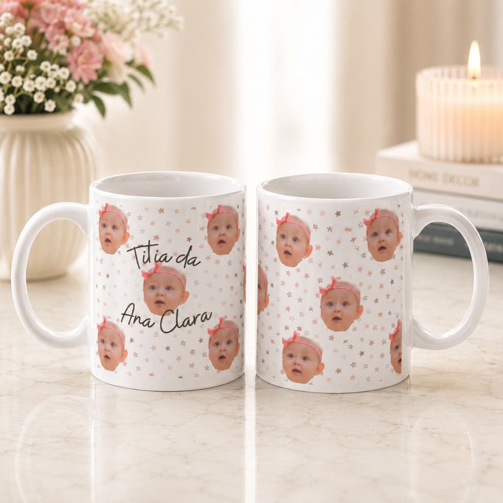 Caneca com Foto e Nome carinha do Bebê Personalizado Presente Tios, Dindos, Mães, Pais, Avós Xícara