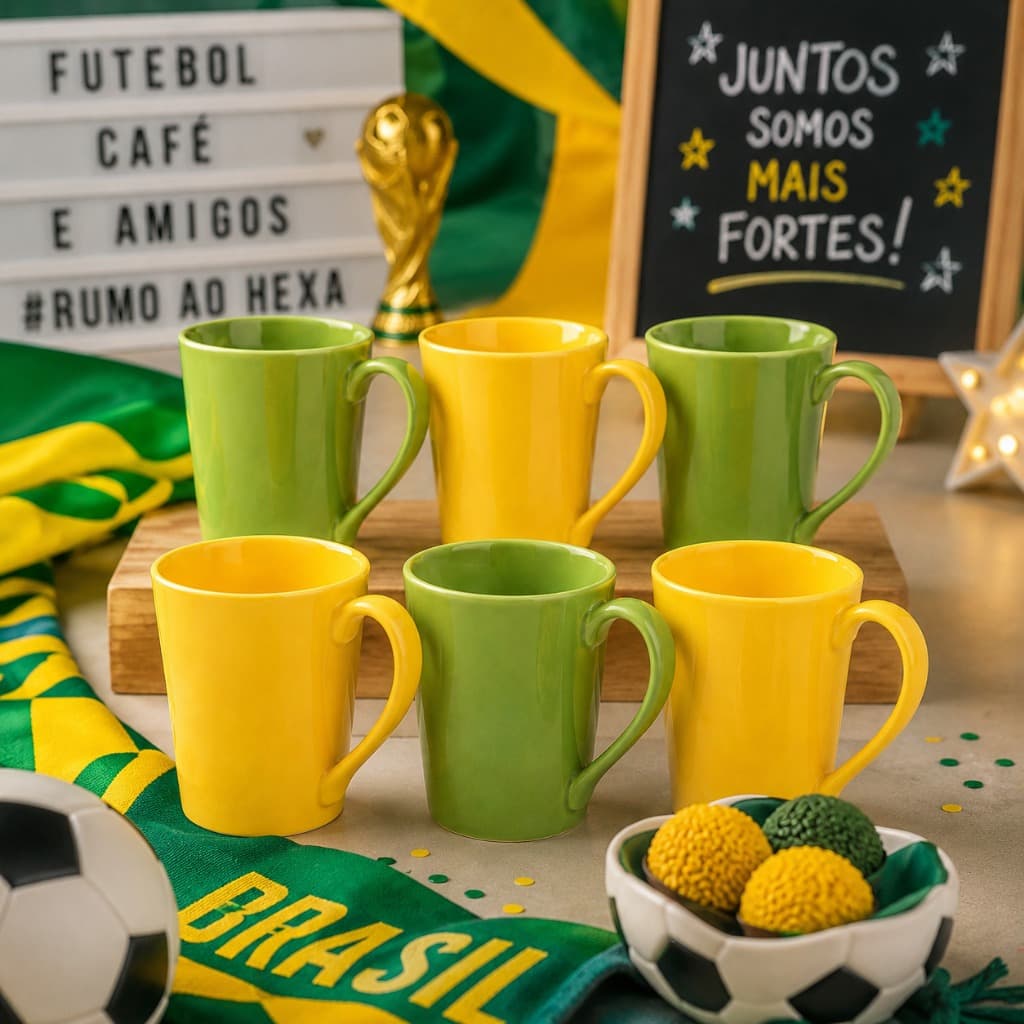 Jogo 6 Canecas Tulipa 220ml Porcelana Amarela Verde Tema Copa Brasil
