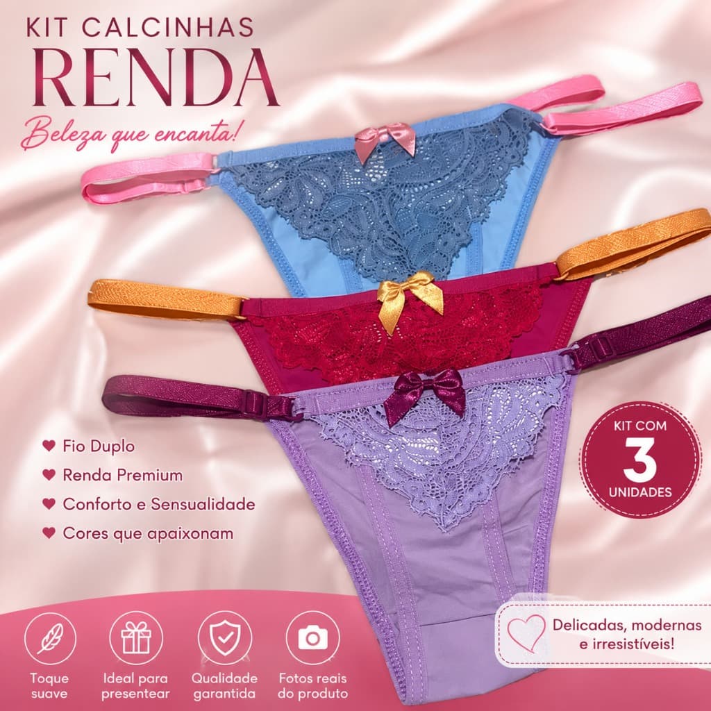 Kit com 10 Calcinha Fio Dental Lycra e Renda - Marriete