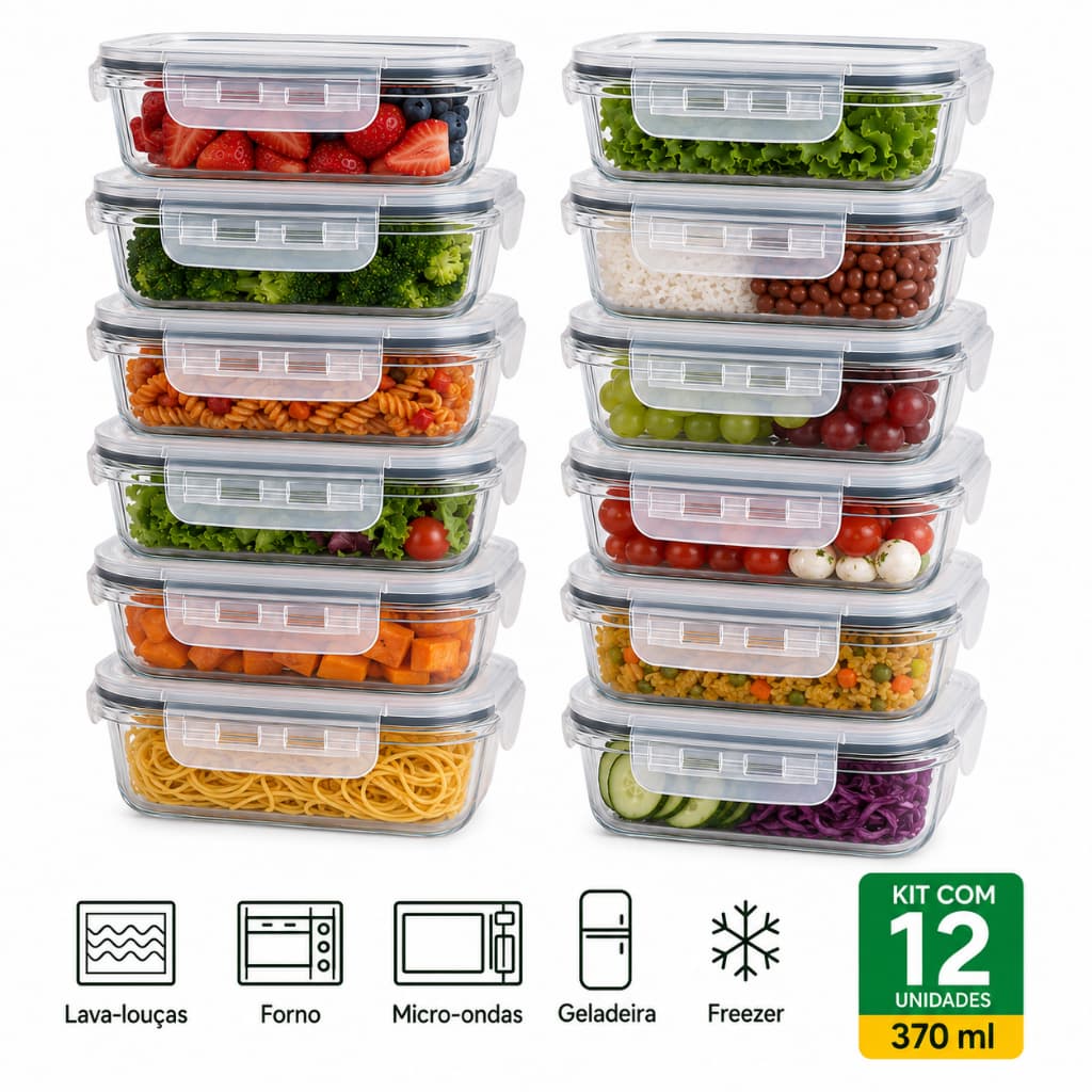 3, 6 ou 12 Potes de Vidro Hermético 370ml Tampa com 4 Travas Não Vaza Ideal Para Marmitas Fitness