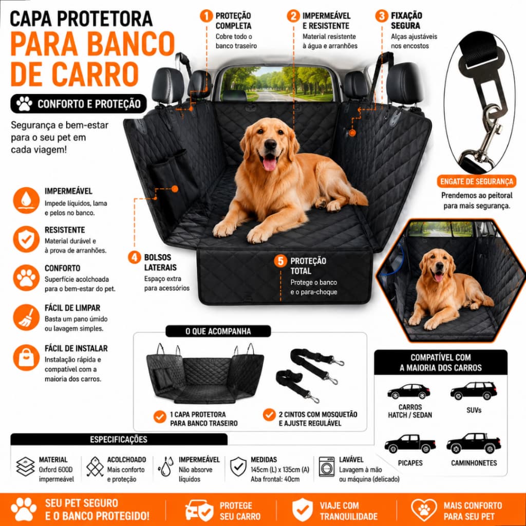Capa Protetora Carro Banco Pet Traseiro Gato Cão Impermeável Blutu