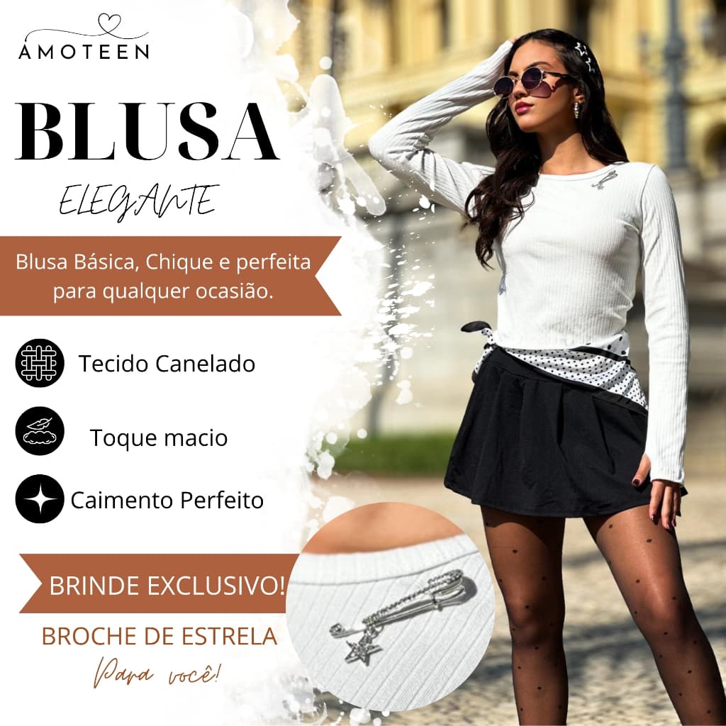 Blusa Manga Longa Básica Elegante Canelado Gola Redonda Quente Acompanha Brinde de Broche Feminina