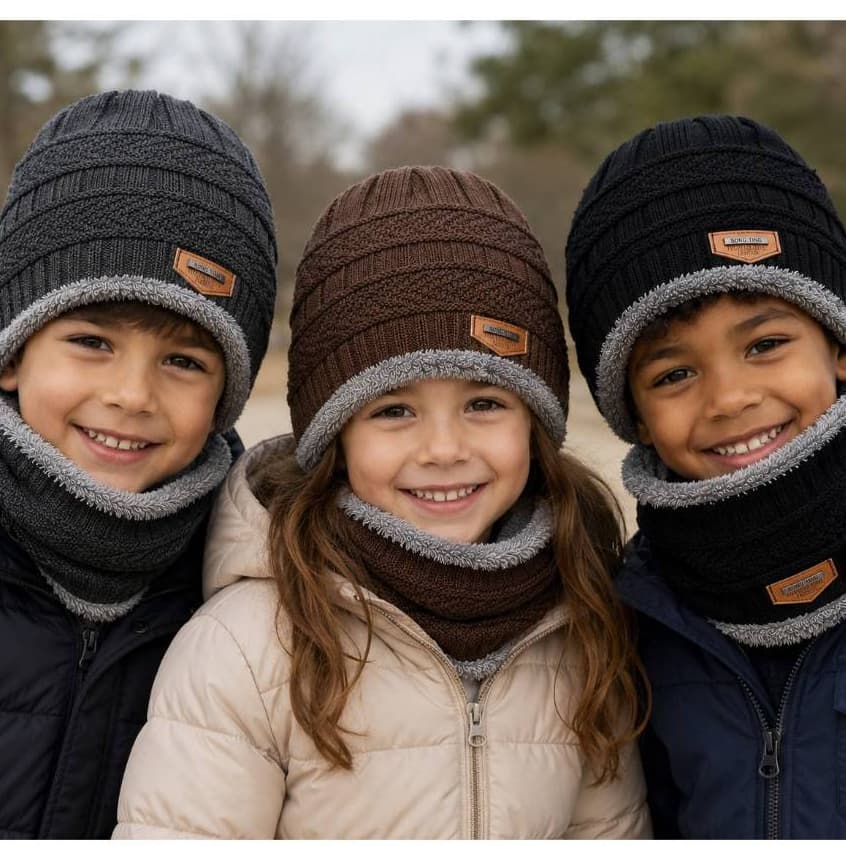 Kit Infantil Conjunto Touca Gorro Cachecol Quente Para Inverno / Masculino / Mulheres Moda 2 peças Quentinho