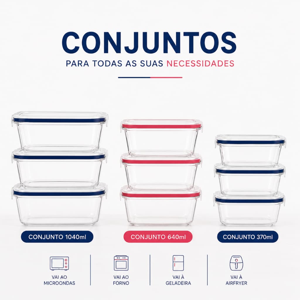 Conjunto Potes Herméticos De Vidro 370ml 640ml 1040 ml Marmita Fit Premium lancheira