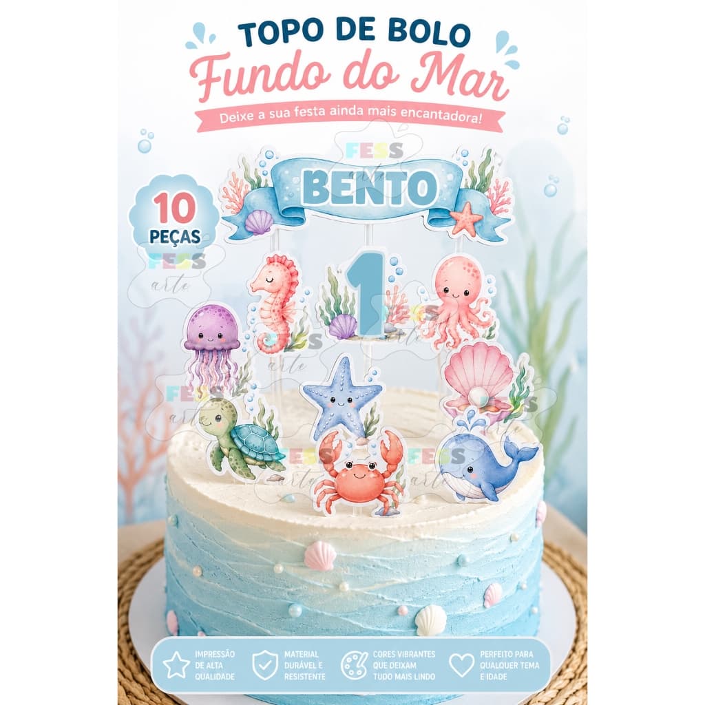 topo de bolo fundo do mar 10 peças nome idade personalizado decoração tag barato mêsversário