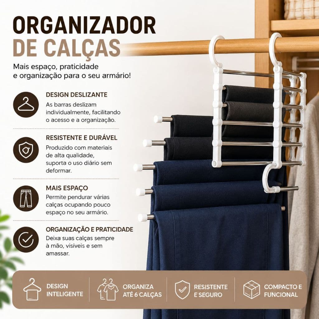 Cabide Multifuncional 5 em 1 para Calças e Roupas Organizador de Guarda-Roupa Armário com Barras Deslizantes