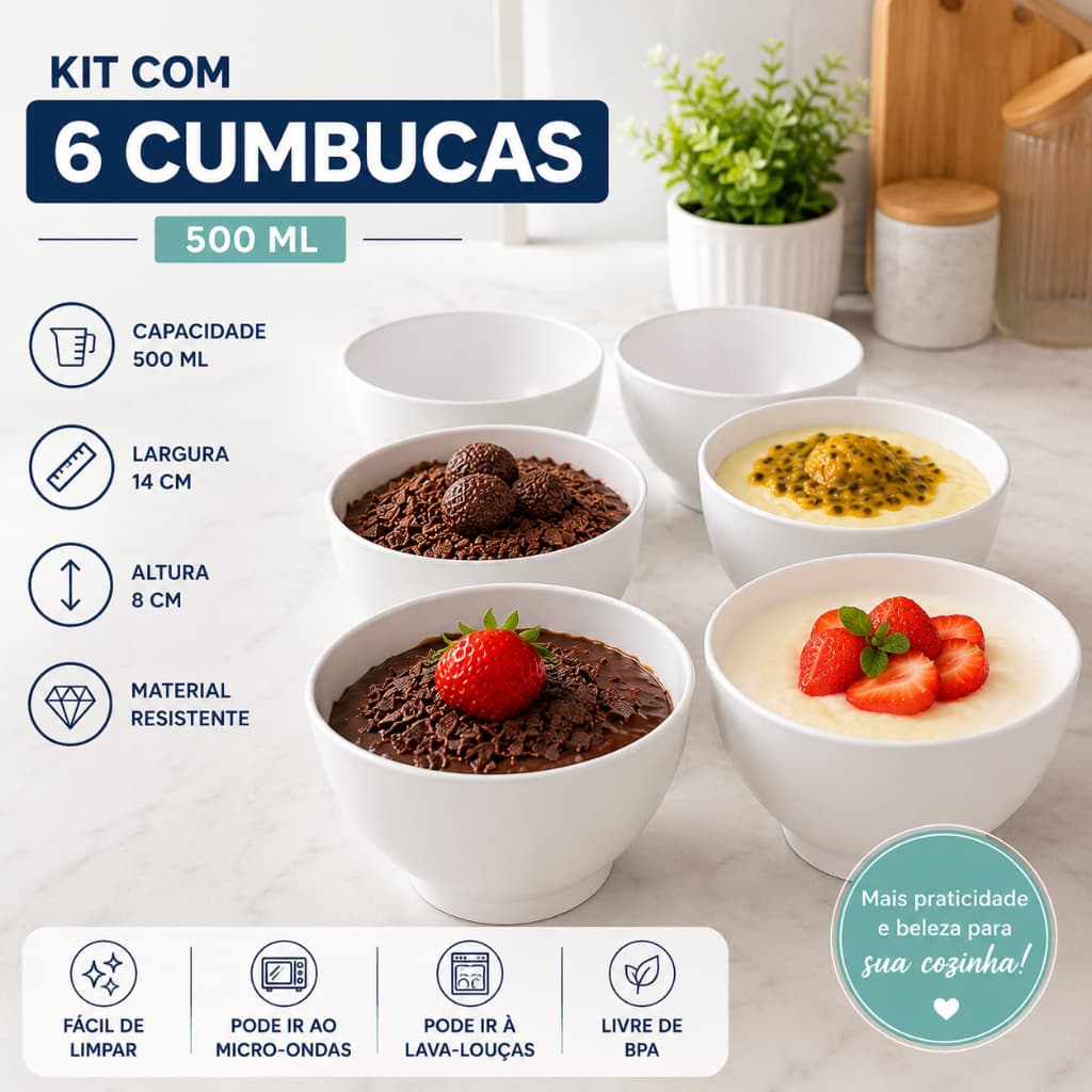 Kit com 6 Cumbucas 500ml Branca Premium Tigelas Plásticas Reforçadas para Frutas, Saladas, Caldos e Sobremesas