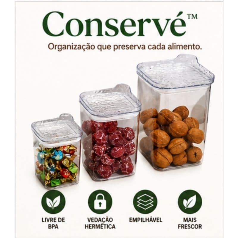 Kit 3 Potes Herméticos Quadrados com Tampa Vedação Silicone Organizador Mantimentos Empilhável BPA Free