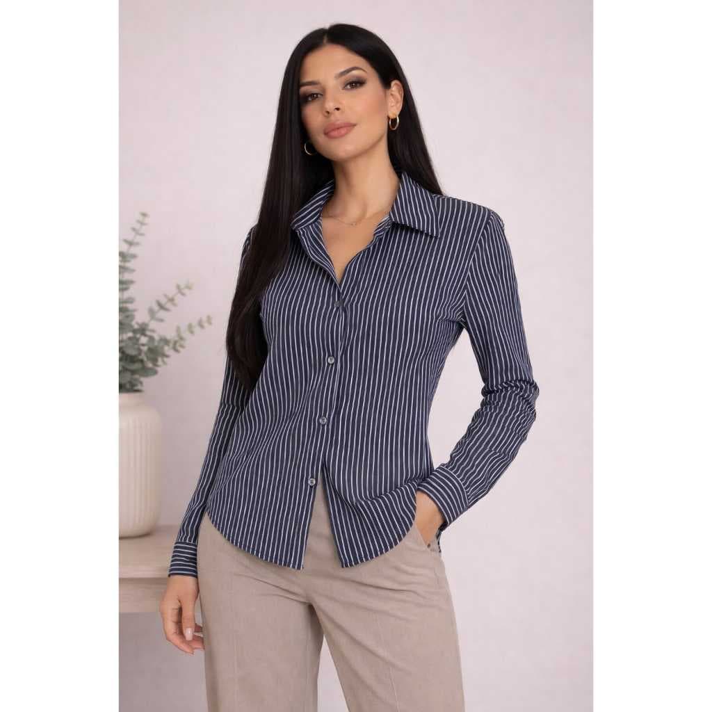 CAMISA LISTRADA SOCIAL FEMENINA  MANGA LONGA TENDENCIA 2026 COM ABOTOAMENTO FRONTAL