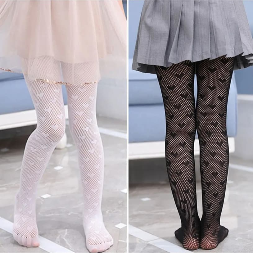 Meia Calça Infantil Arrastão com Corações Menina Fashion Elástica Confortável Inverno e Festa
