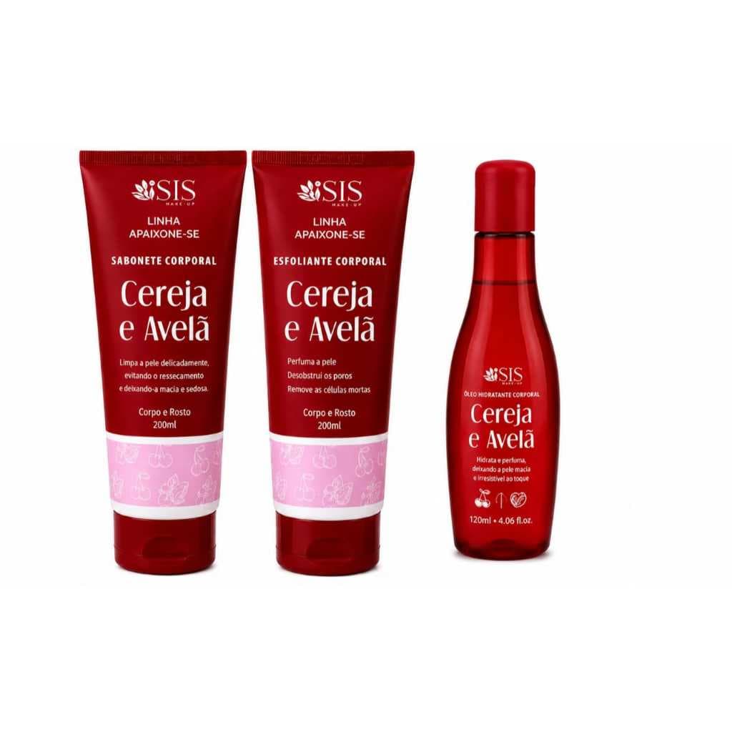 kit Cereja e Avelã 200ml-Isis Make Up | Sabonete Corporal+esfolinte e óleo hidratante corporal