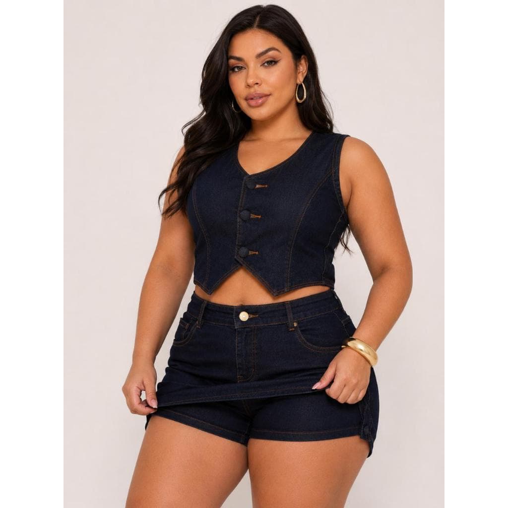Conjunto Saia Com Short por Baixo e colete Plus Size