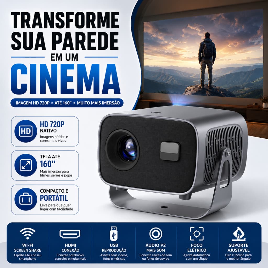 Projetor HD 720p Nativo Portátil Cinema Casa BM-F1175