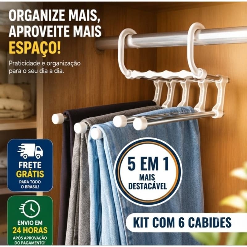 Kit 6 Cabides Para Calças multifuncional 5 Divisórias Retrátil