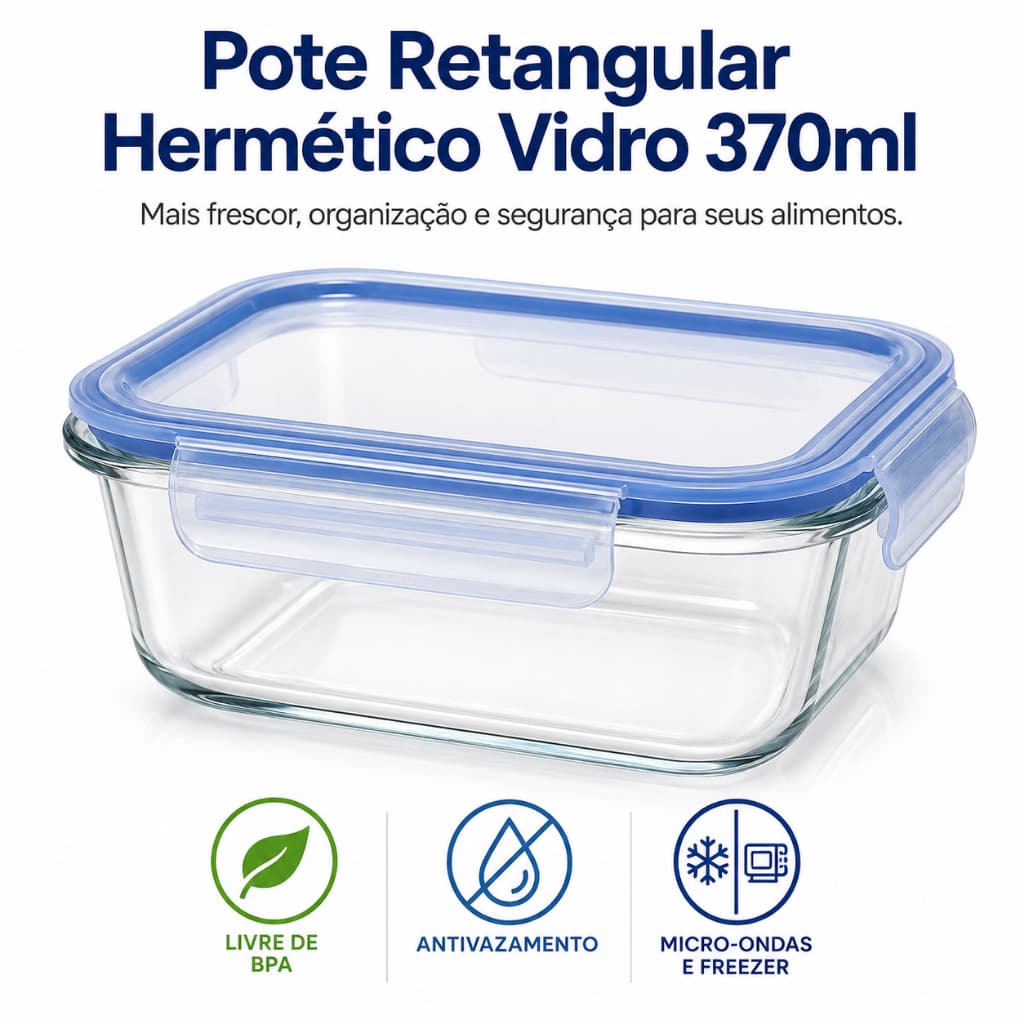 Pote de Vidro Hermético 370ml Retangular Antivazamento | Marmita Fit | Micro-ondas | Freezer | BPA Free