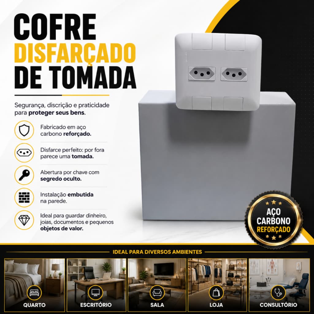 Cofre em Formato de Tomada para Embutir na Parede Camuflado e Ideal para Armas, Joias e Documentos