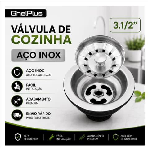 Válvula Pia Cozinha Americana Escoamento 3 1/2" Aço Inox Ghelplus