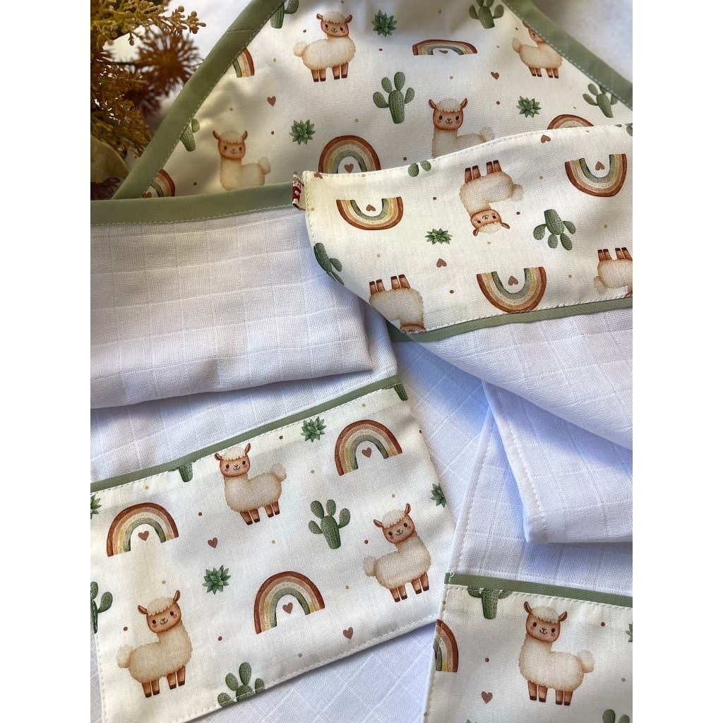 Kit Enxoval Bebê 3 Peças 100% Algodão Premium | Toalha Fralda com Capuz + Fralda de Ombro + Fralda de Boca | Lhama