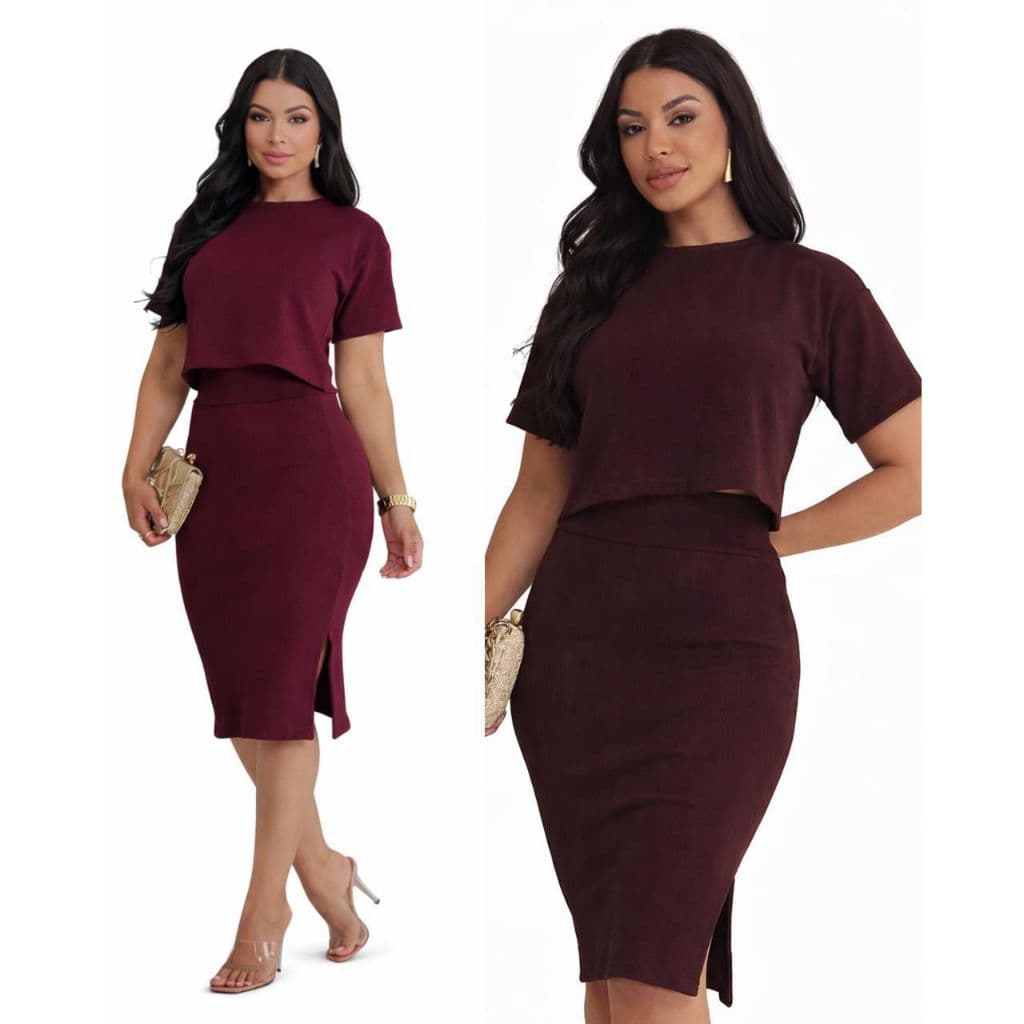 Conjunto Feminino Canelado Midi Saia Fenda Lateral Cropped Manga Curta Confortável Elegante Envio Rápido