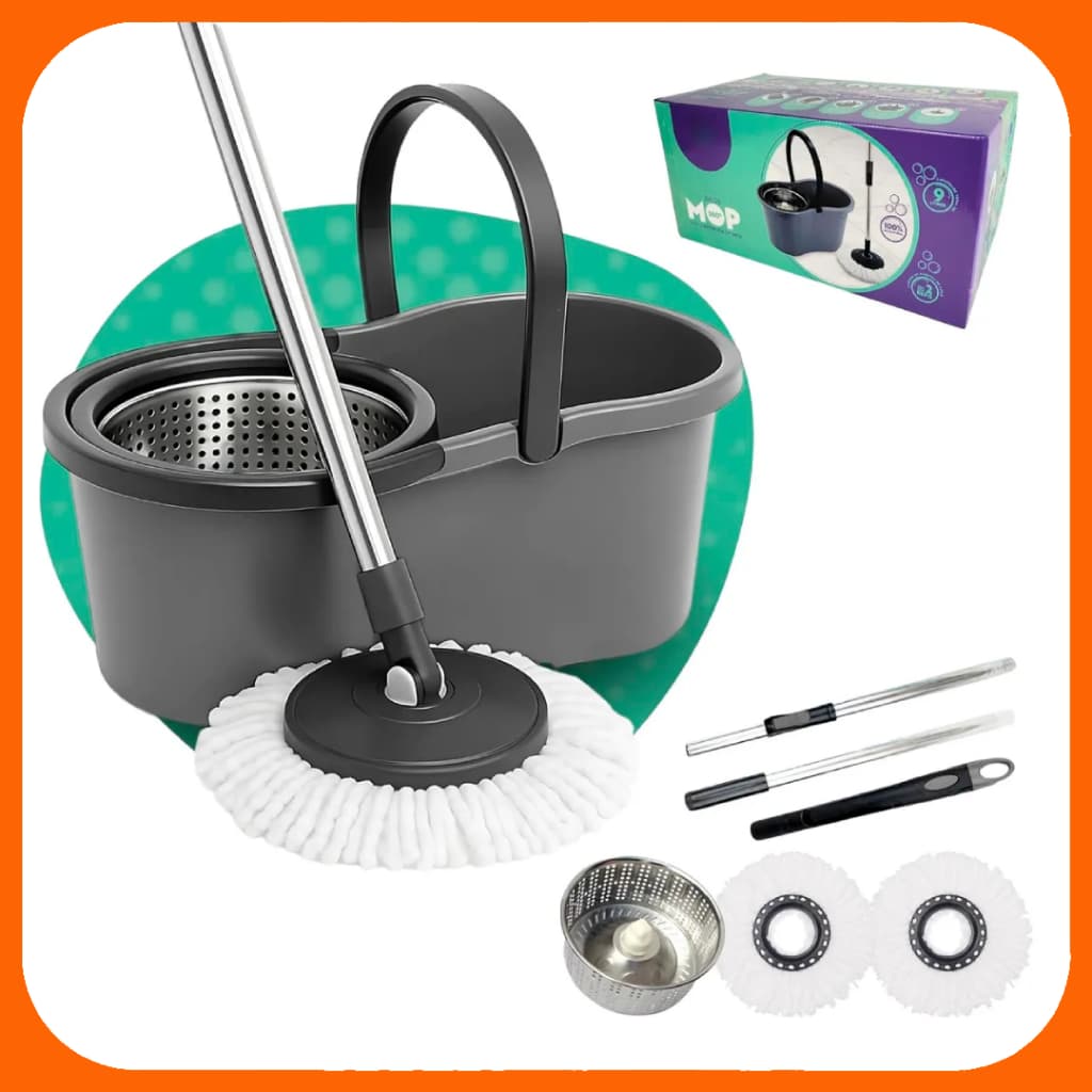 Mop Esfregão Giratório 360° Cesto Inox Balde 9 Litros 2 refis