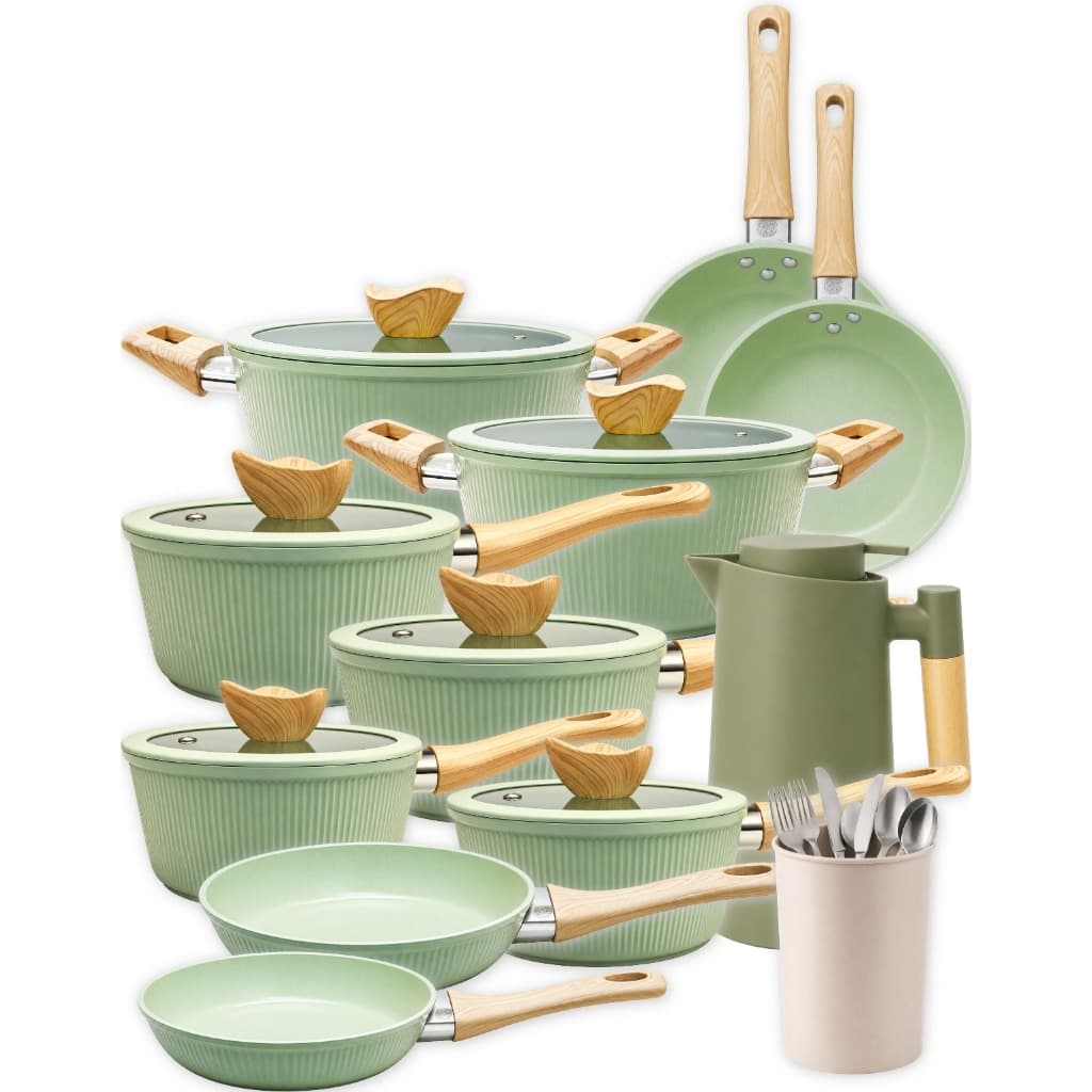 Kit de Panelas Cerâmica Indução 28p c/ Garrafa 1L + Frigideiras + Escorredor Talher + Talheres Inox